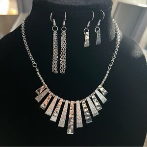 Statement Necklace Set with 2 pairs of matching earrings, silver tone metal